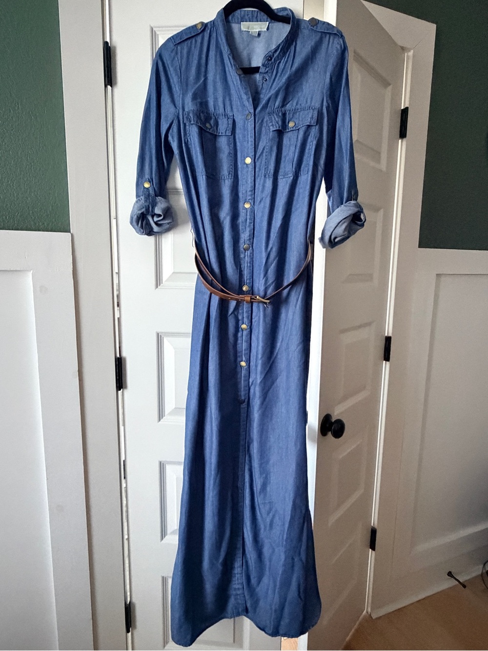 Michael Kors Chambray Button-Down Maxi Shirt Dress with Belt